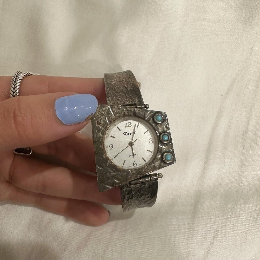 Vintage silver metal watch turquoise stones